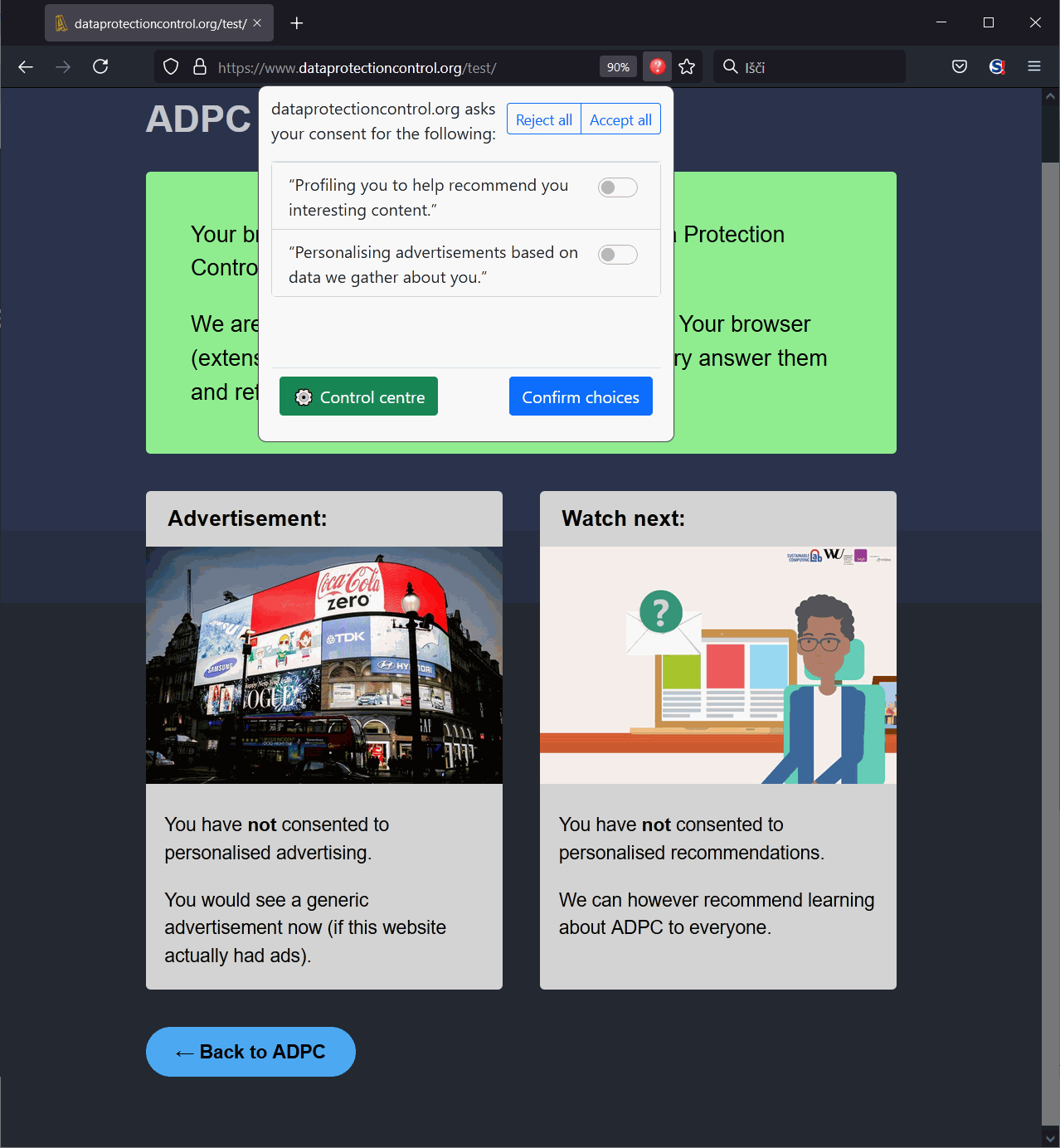 Uporaba ADPC na testnem spletišču