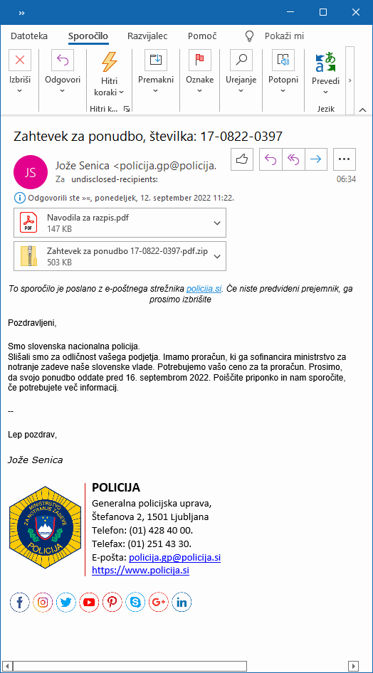 Primer sporočila, kjer prejemnikov strežnik ni spoštoval navodil SPF